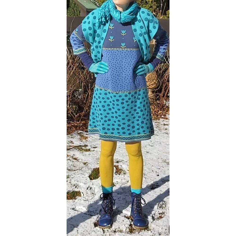 GUDRUN SJODEN Long Sleeve Knit Lagenlook Sweater Dress Large Tulip Cotton